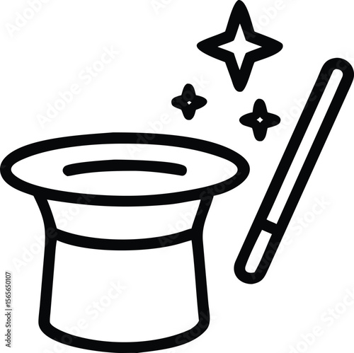 Magic show outline art with hat, wand, and shining star shapes