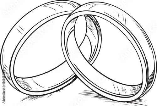 Two rings, wedding bands, marriage, Vector Illustration, Sketch Drawing Line Linear Symbol Icon Engraving Coloring Book, Hand-drawn Black and White Isolated