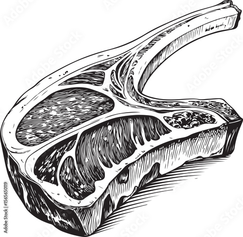 Ribs, Rib Beef or Pork Steak Vector Illustration, Sketch Drawing Line Linear Symbol Icon Engraving Coloring Book, Hand-drawn Black and White Isolated