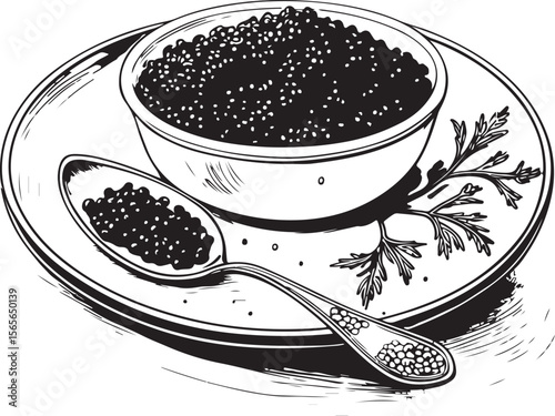 Bowl with black caviar Vector Illustration, Sketch Drawing Line Linear Symbol Icon Engraving Coloring Book, Hand-drawn Black and White Isolated