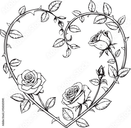 Rose wreath in heart shape Vector Illustration, Sketch Drawing Line Linear Symbol Icon Engraving Coloring Book, Hand-drawn Black and White Isolated