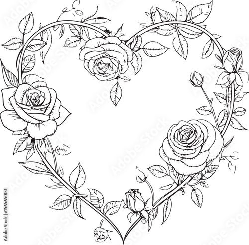 Rose wreath in heart shape Vector Illustration, Sketch Drawing Line Linear Symbol Icon Engraving Coloring Book, Hand-drawn Black and White Isolated