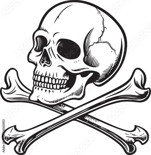 Skull with crossed bones, Pirate Flag, Vector Illustration, Sketch Drawing Line Linear Symbol Icon Engraving Coloring Book, Hand-drawn Black and White Isolated