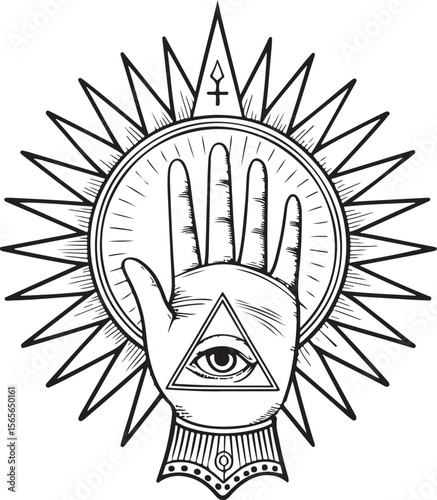 Sunburst, hand, and all seeing eye of Providence, Masonic symbol Vector Illustration, Sketch Drawing Line Linear Symbol Icon Engraving Coloring Book, Hand-drawn Black and White Isolated