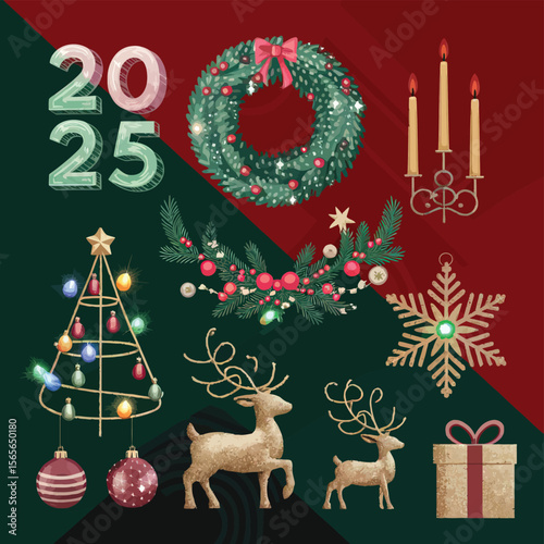 vector Happy New Year Celebrating 2025 in Latin letters , Christmas Decoration Items Santa Claus

