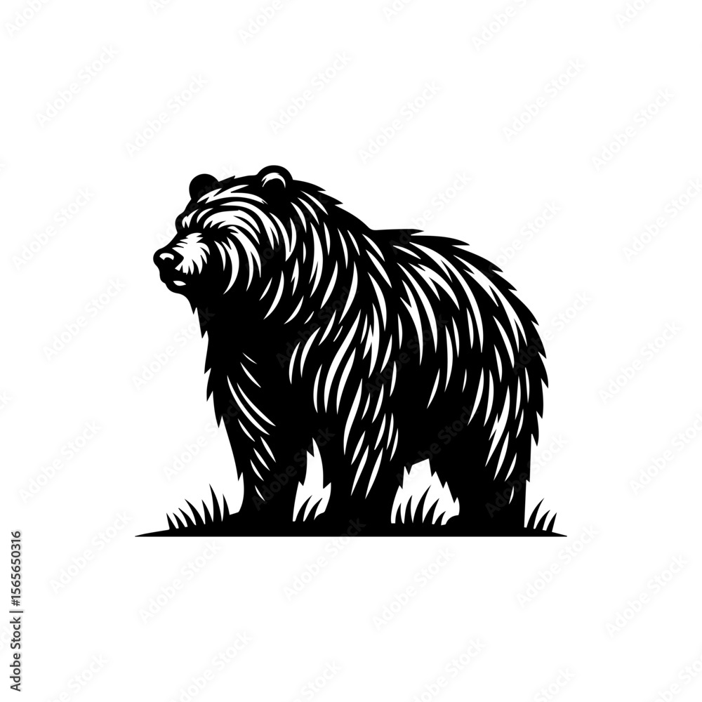 Obraz premium A stylized black and white illustration of a bear standing on grass, presented in a graphic, design-oriented style.
