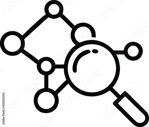 Magnifying glass analyzes network connection diagram in line art style illustration