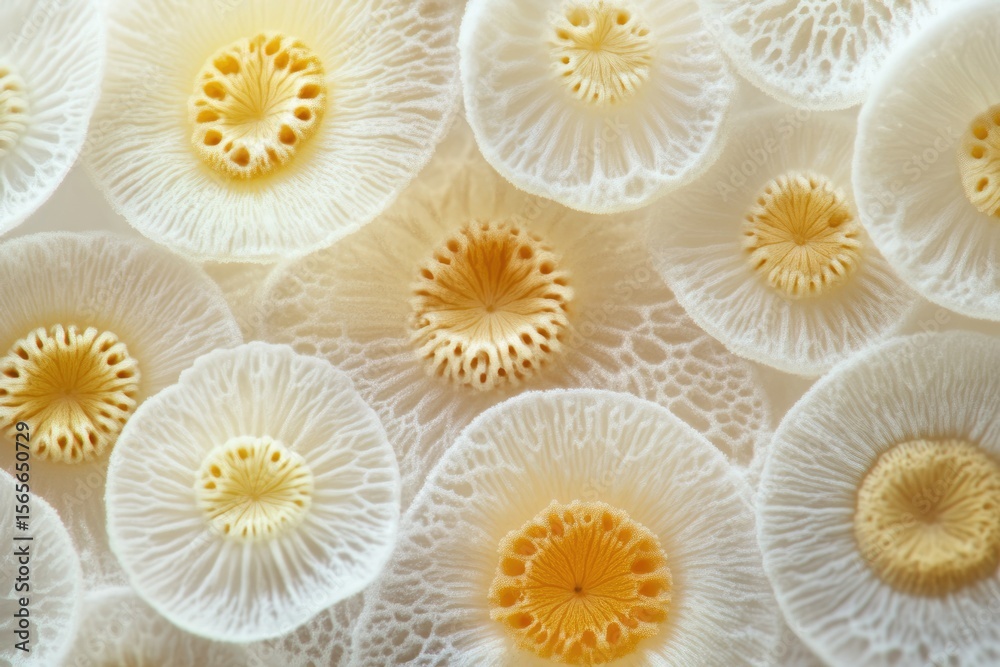 Fototapeta premium Intricate close-up of delicate, creamy-white flowers with intricate, concentric patterns.