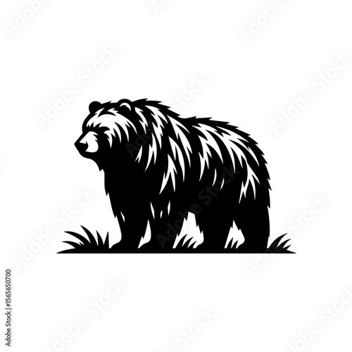 A majestic grizzly bear stands alert in a simple, stylized illustration.