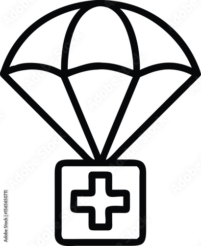Medical aid drop with parachute in doodle line art style