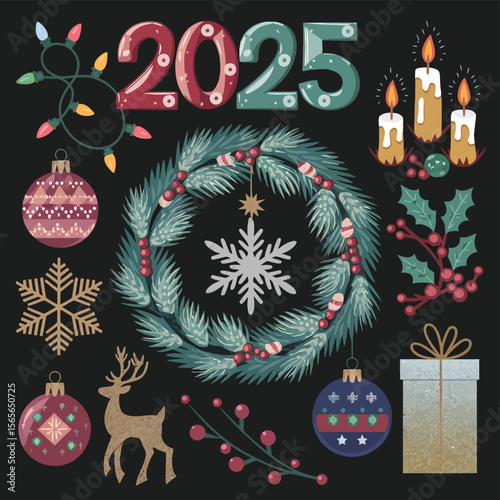 vector Happy New Year Celebrating 2025 in Latin letters , Christmas Decoration Items Santa Claus
