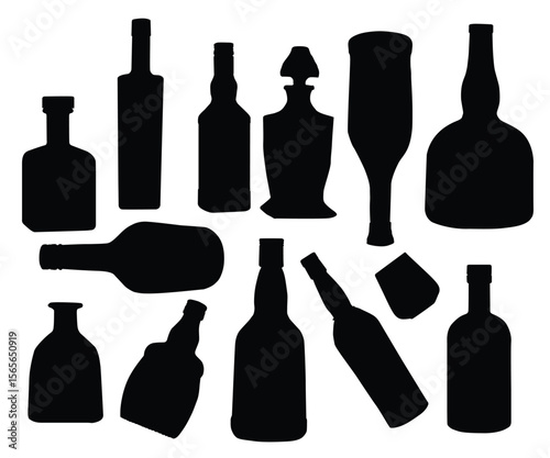 Liquor Bottle set silhouette. Vodka, Whiskey, Wine Bottle with an alcoholic drink. Restaurant beverage alcoholic illustration for celebration design. Silhouettes various alcohol cocktail bar set.