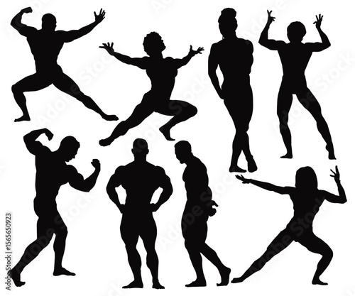 Sporty woman muscular bodybuilder vector silhouette illustration isolated on white background. Set of bodybuilders vector silhouettes. Posing muscular men and women. Silhouettes athletes bodybuilding