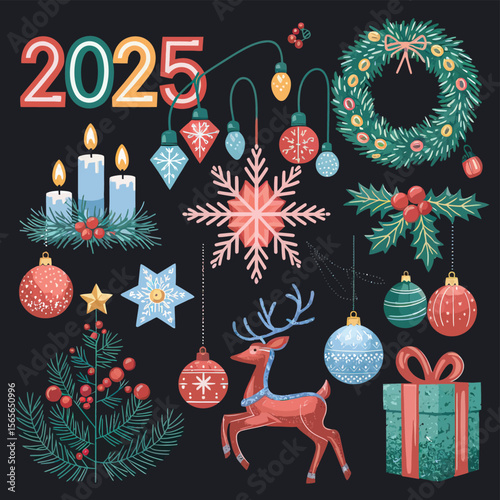 vector Happy New Year Celebrating 2025 in Latin letters , Christmas Decoration Items Santa Claus
