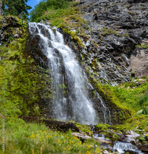 Plaikni Falls, a lush waterfall in Crater Lake National Park, Oregon, cascades over a glacier-carved cliff surrounded by old-growth forests and wildflowers. 