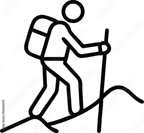 Minimal line art of hiker with backpack and trekking pole on mountain