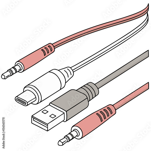 Cable connectors including USB and audio jack in simple style  