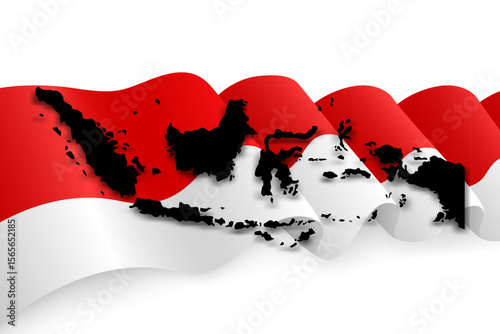 Indonesia Map on Waving Red and White Flag Background