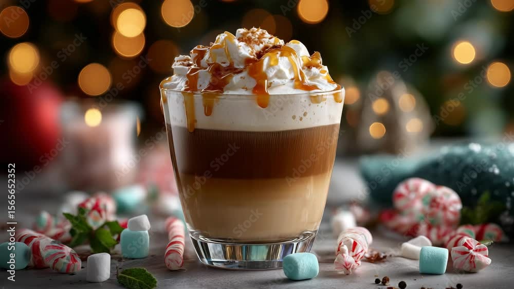 Festive glass mug of caramel latte topped with whipped cream and candy sprinkles, surrounded by marshmallows, peppermint candies, and holiday decorations