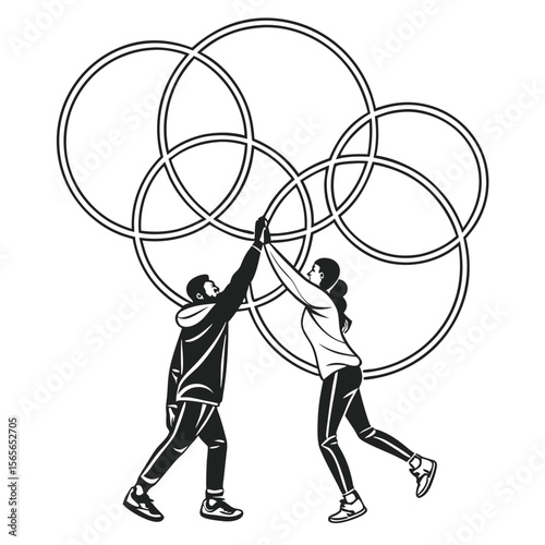 Interlocking Abstract Circles Two People High Five Black White Graphic shapes