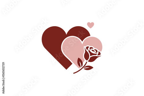 Romantic Heart and Rose Graphic Design for Valentine's Day.A simple, elegant graphic design featuring overlapping hearts in burgundy and blush pink, accented by a single rose with a stem and leaves.
