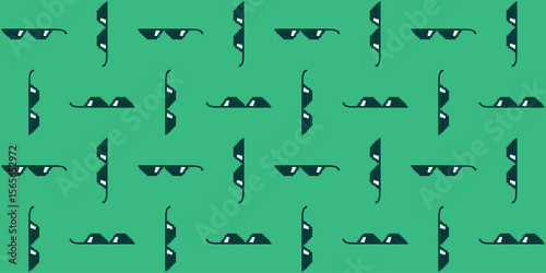 Pattern with black Pixel Glasses on Green background. Seamless retro Meme print. Sun protection. Cool, brutal background. Summer mood for wrapping paper and design. Pop art. Vector illustration