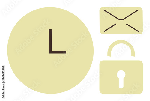 Clock symbolizing time, envelope for email, and lock icon for security. Ideal for productivity, communication, efficiency, cybersecurity, scheduling privacy digital tools. Simple flat metaphor