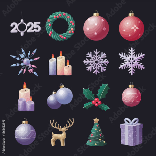 vector Happy New Year Celebrating 2025 in Latin letters , Christmas Decoration Items Santa Claus
