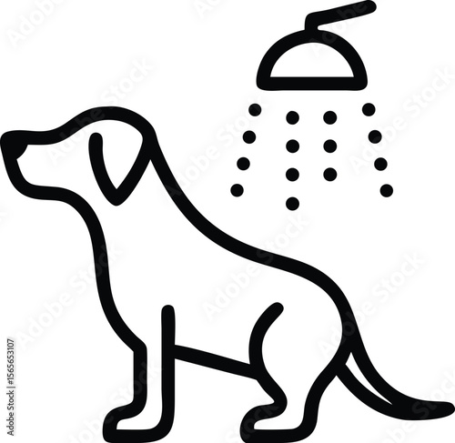 Minimalist line art of dog taking shower, pet hygiene illustration vector