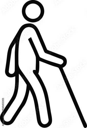 Minimalist line drawing of a person walking with a cane stick for accessibility icon