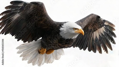 Closeup of a bald eagle flying with wings spread isolated on white background symbol of freedom and strength national bird