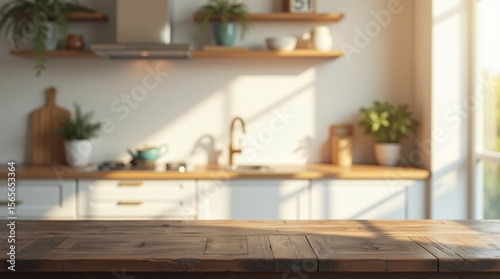 Wood tabletop in modern Scandinavian style kitchen with blurred cabinets, warm sunlight, and cozy home decor elements