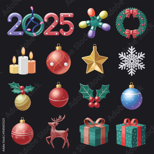 vector Happy New Year Celebrating 2025 in Latin letters , Christmas Decoration Items Santa Claus

