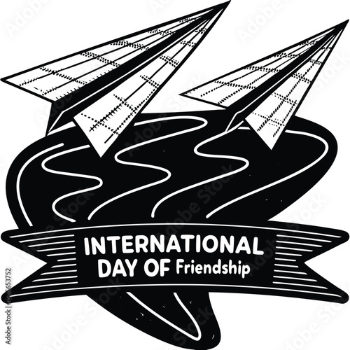 Two Paper Airplanes Synchronized Flight Black White Illustration International Friendship Day