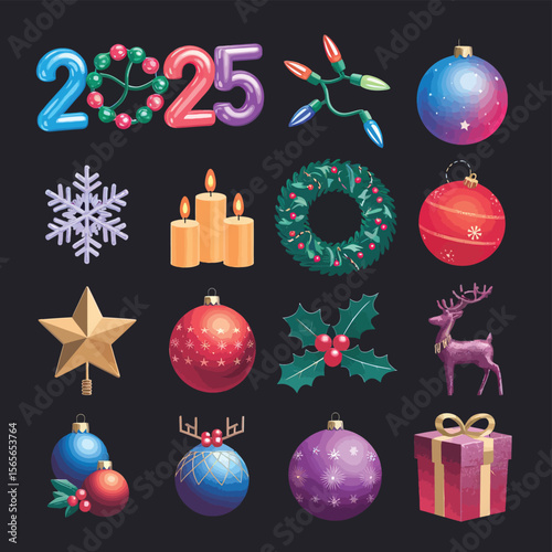 vector Happy New Year Celebrating 2025 in Latin letters , Christmas Decoration Items Santa Claus
