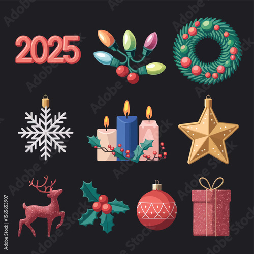 vector Happy New Year Celebrating 2025 in Latin letters , Christmas Decoration Items Santa Claus
