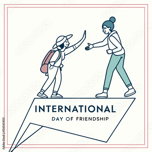 Two Women High Five Celebrating International Day Friendship Teal Pink Line Art Illustration