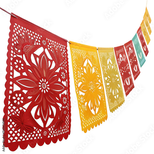 Colorful papel picado banners with intricate floral designs for celebrations