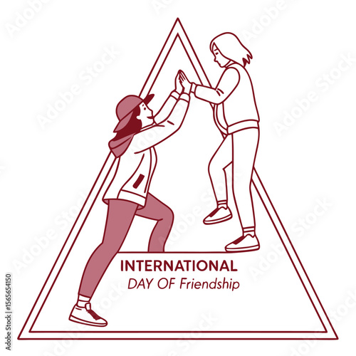 Two Women High Five Inside Maroon Triangle Arrow International Day Friendship girls