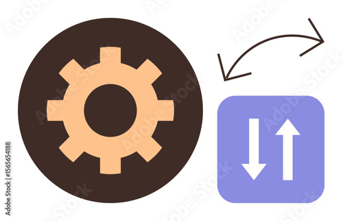 Gear icon beside upward and downward arrows depicts automation, integration, workflow, and efficiency. Ideal for technology, process, development, innovation connectivity digital tools. Simple flat