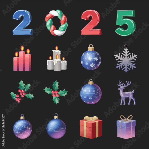 vector Happy New Year Celebrating 2025 in Latin letters , Christmas Decoration Items Santa Claus
