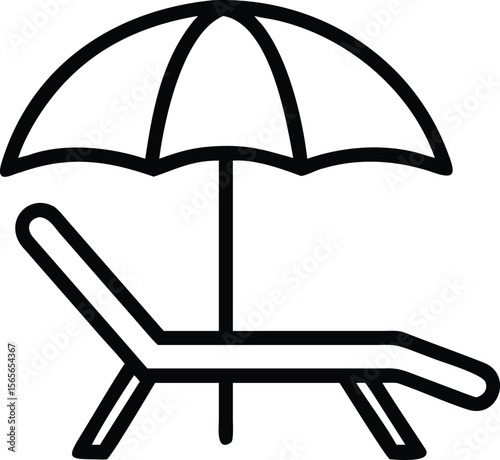 Minimalist sun umbrella and beach chair in a line art style icon