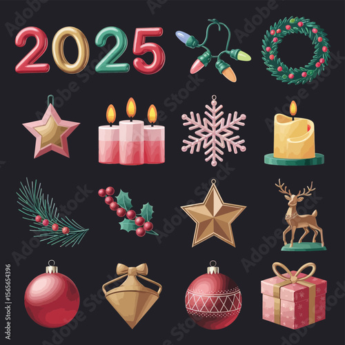 vector Happy New Year Celebrating 2025 in Latin letters , Christmas Decoration Items Santa Claus
