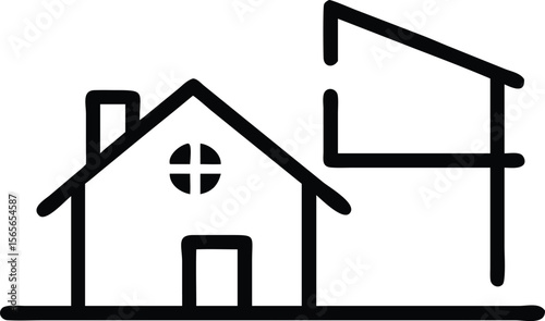 Modern home silhouette with extension in outline style for architectural designs