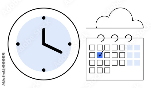 Clock beside a calendar marked with a check, accompanied by a cloud. Ideal for scheduling, time planning, productivity, appointments, deadlines, reminders and task management. Flat simple metaphor