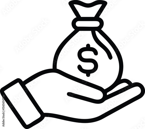 Money bag on hand illustration, business finance icon in outline style