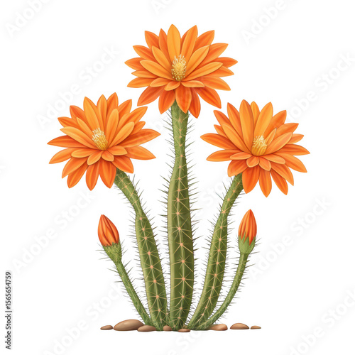 Three vibrant orange cactus flowers bloom on a green cactus with sharp white spines