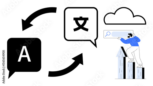Speech bubbles with text, cycle arrows, cloud, and man using search magnifier. Ideal for translation, linguistics, communication, technology globalization research cloud computing. Simple flat