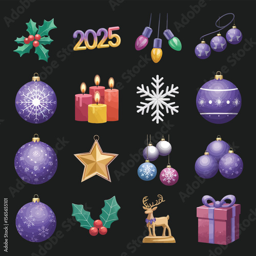 vector Happy New Year Celebrating 2025 in Latin letters , Christmas Decoration Items Santa Claus
