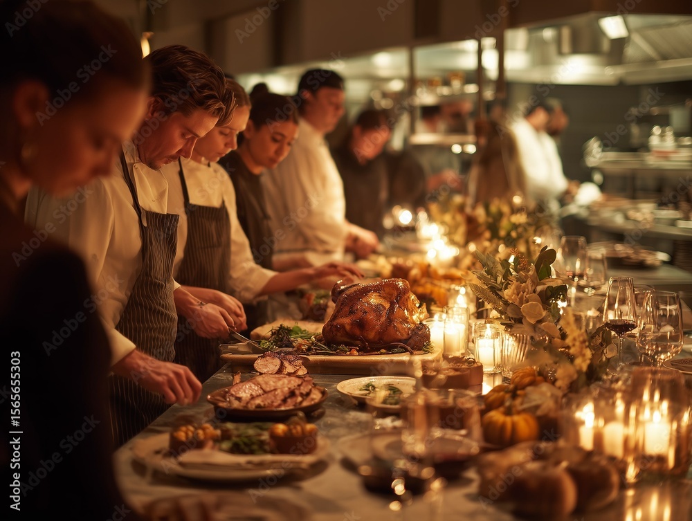 Professional chefs preparing traditional Thanksgiving dinner in upscale restaurant kitchen with roasted turkey, seasonal dishes, and warm candlelit ambiance Professional chefs preparing traditional Thanksgiving dinner in upscale restaurant kitchen with roasted turkey, seasonal dishes, and warm candlelit ambiance